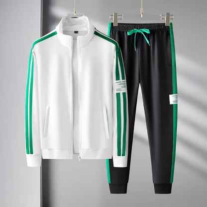 Romolo Premium Tracksuit Set in white – modern men's tracksuit with green stripes and black pants for an elevated sporty look by Polumi.