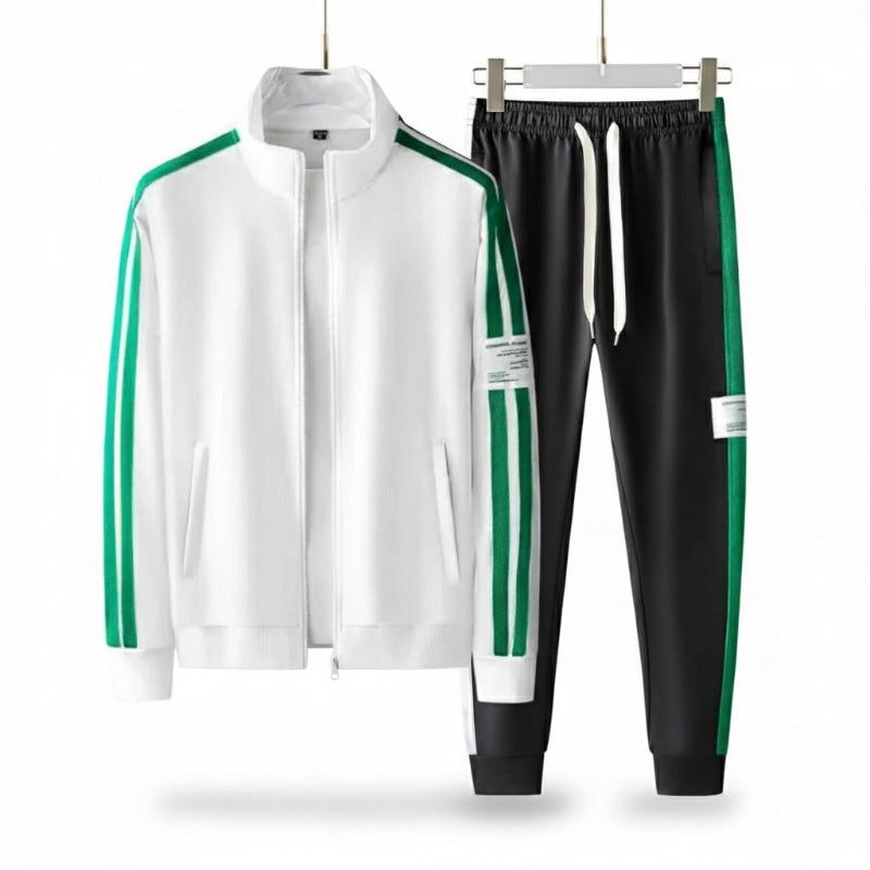 Romolo Premium Tracksuit Set in White by Polumi – stylish men's tracksuit with green stripe accents and sleek athletic silhouette