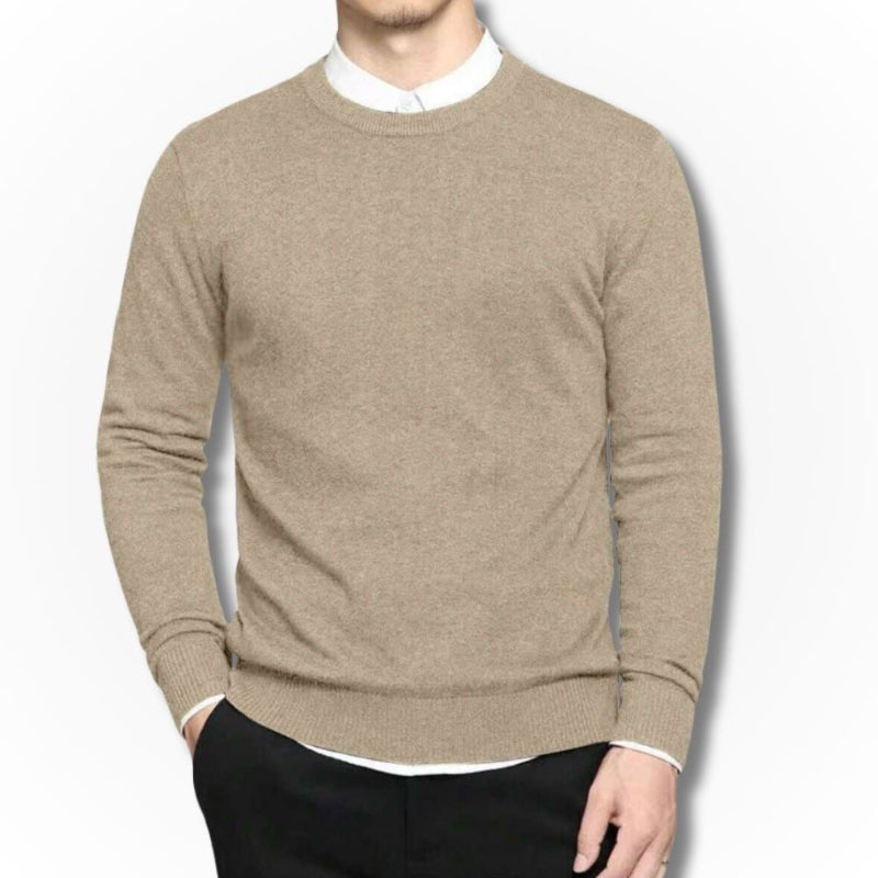 Beige Samuele Luxe Crewneck Sweater for men, soft lightweight knit with timeless minimalist elegance and fine texture by Polumi.
