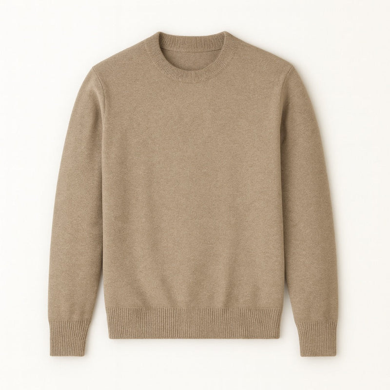 Beige Samuele Luxe Crewneck Sweater flat lay, soft men’s knitwear showcasing minimalist design and timeless sophistication by Polumi.