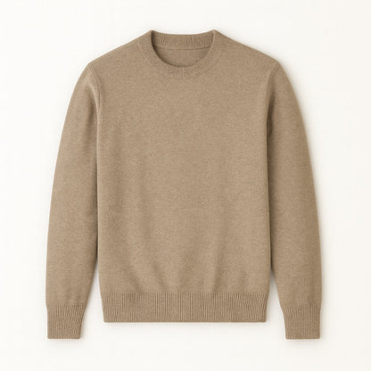 Beige Samuele Luxe Crewneck Sweater flat lay, soft men’s knitwear showcasing minimalist design and timeless sophistication by Polumi.