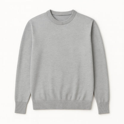 Gray Samuele Luxe Crewneck Sweater laid flat, modern men’s pullover knit with sleek minimalist silhouette and fine cotton-wool blend by Polumi.
