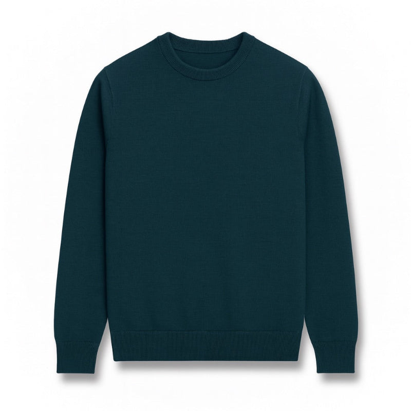 Green Samuele Luxe Crewneck Sweater flat lay, luxury men’s lightweight knit sweater with classic style and premium craftsmanship by Polumi.