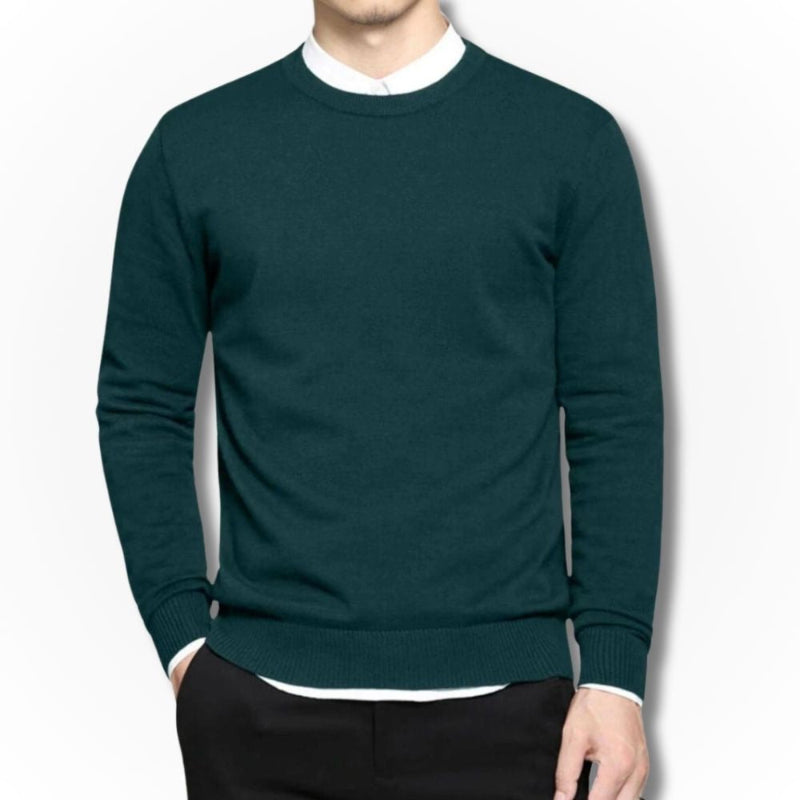 Men’s green Samuele Luxe Crewneck Sweater with fine cotton-wool knit, soft touch and luxurious minimalist aesthetic by Polumi.