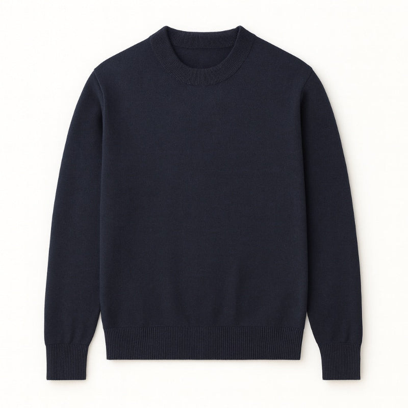 Samuele Luxe Crewneck Sweater navy color flat lay, elegant men’s knit pullover with refined minimalist design and premium texture by Polumi.