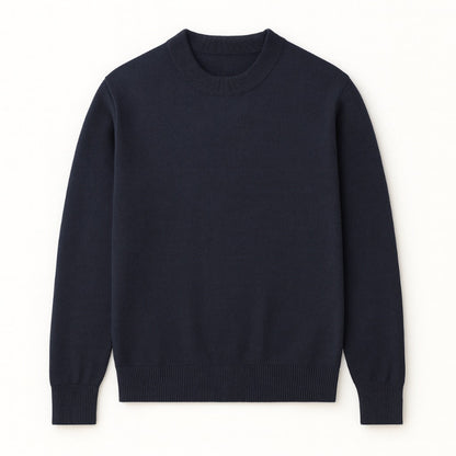 Samuele Luxe Crewneck Sweater navy color flat lay, elegant men’s knit pullover with refined minimalist design and premium texture by Polumi.