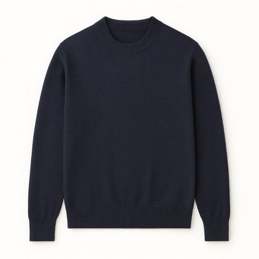 Samuele Luxe Crewneck Sweater navy color flat lay, elegant men’s knit pullover with refined minimalist design and premium texture by Polumi.
