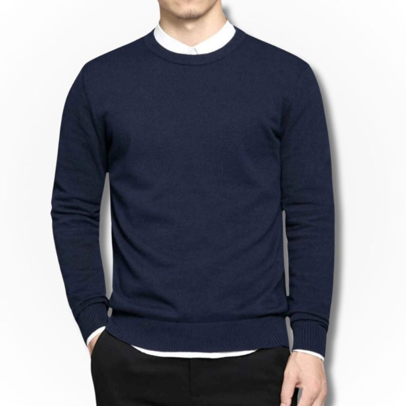 Samuele Luxe Crewneck Sweater in navy blue, classic men’s knit pullover with refined minimalist design and soft premium texture by Polumi.