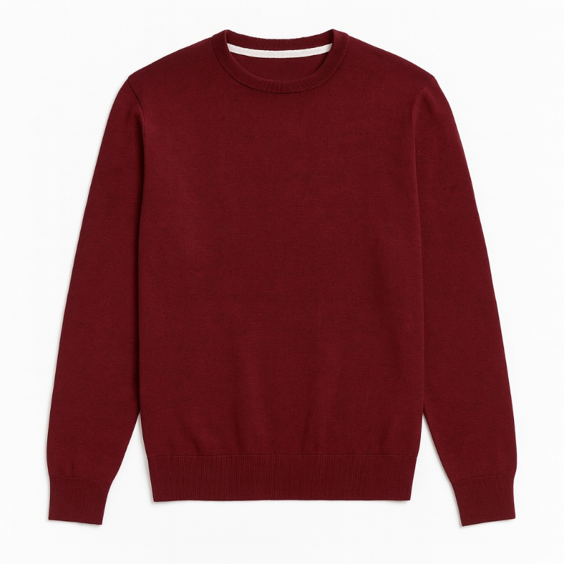 Purpura red Samuele Luxe Crewneck Sweater flat lay, refined men’s knit pullover with elegant timeless aesthetic and superior texture by Polumi.