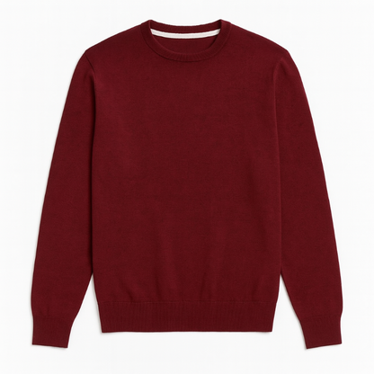 Purpura red Samuele Luxe Crewneck Sweater flat lay, refined men’s knit pullover with elegant timeless aesthetic and superior texture by Polumi.