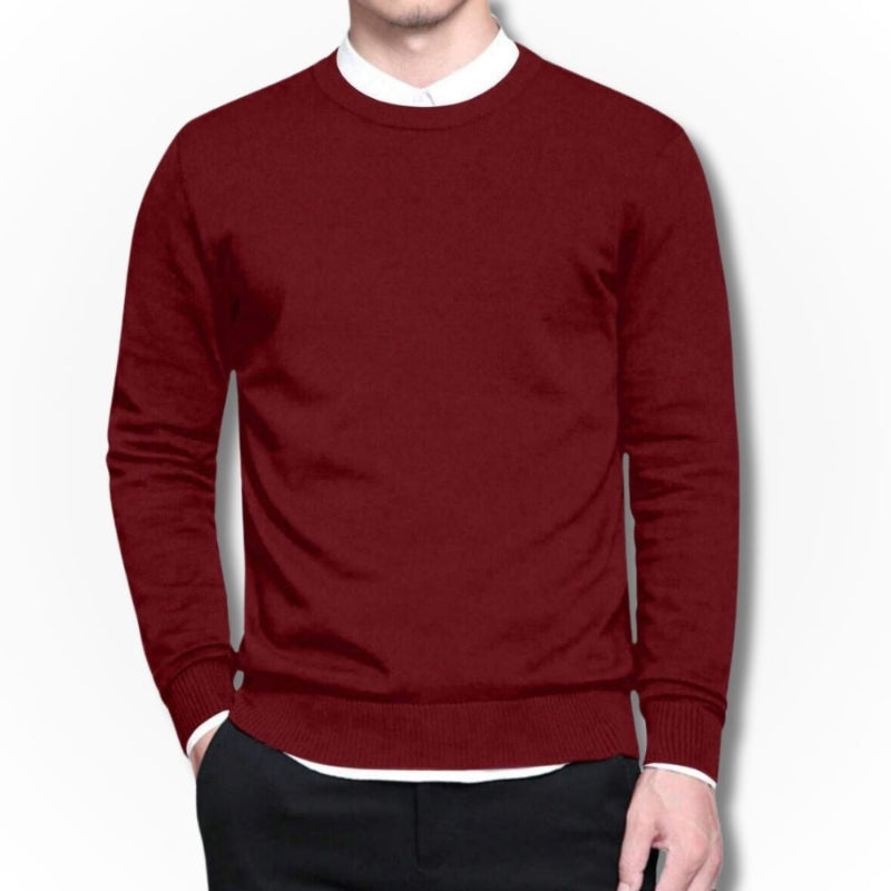 Samuele Luxe Crewneck Sweater in purpura red, sophisticated men’s pullover knit with refined texture and timeless luxury design by Polumi.