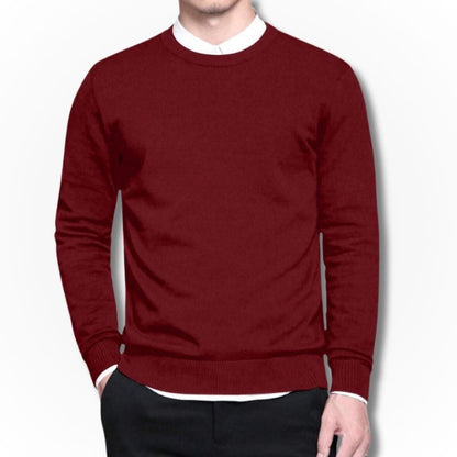 Samuele Luxe Crewneck Sweater in purpura red, sophisticated men’s pullover knit with refined texture and timeless luxury design by Polumi.
