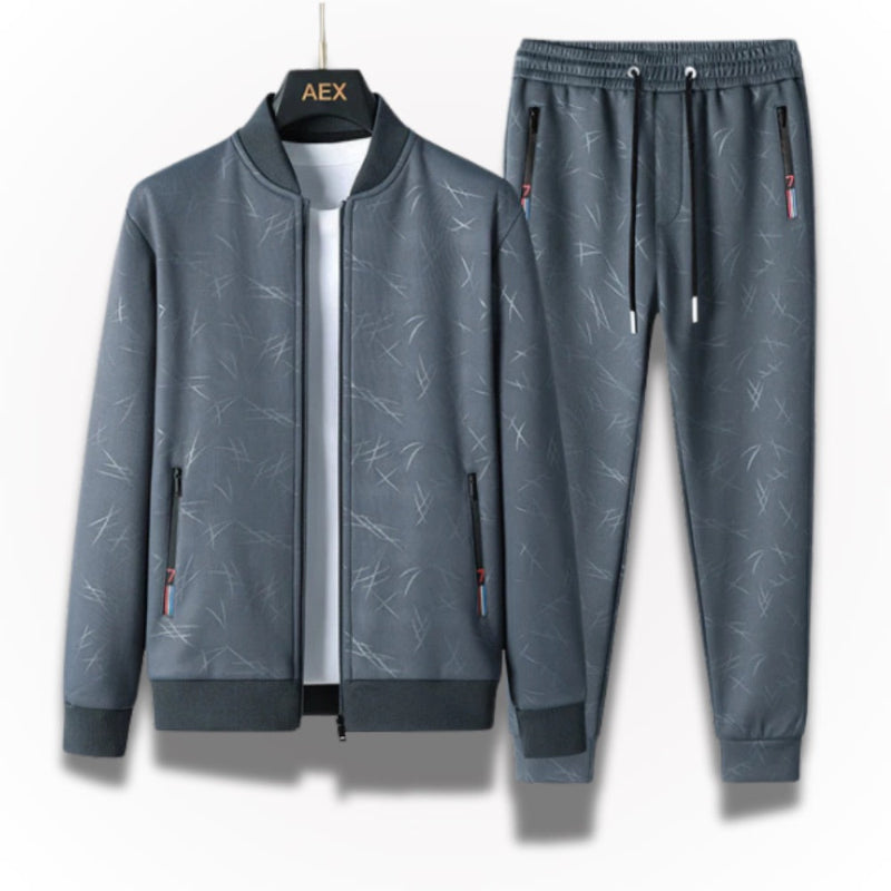 Sandro Scratches gray men’s 2-piece tracksuit set featuring zipper jacket and elastic waist pants