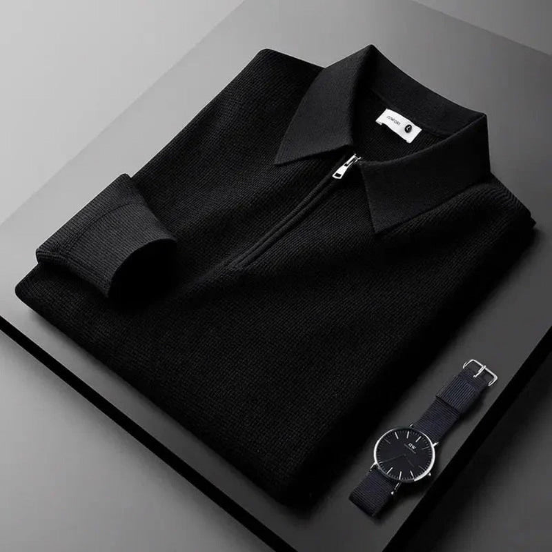 Sergio Comfort Knitted Polo in black, minimalist men's knit polo with refined collar and zip by Polumi.