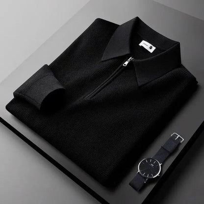 Sergio Comfort Knitted Polo in black, minimalist men's knit polo with refined collar and zip by Polumi.