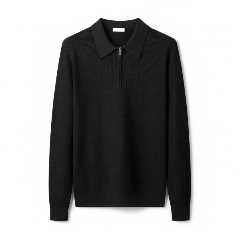 Front view of Sergio Comfort Knitted Polo in black with long sleeves and zipper collar by Polumi.