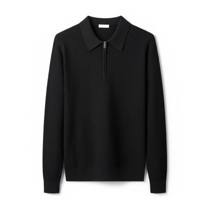 Front view of Sergio Comfort Knitted Polo in black with long sleeves and zipper collar by Polumi.