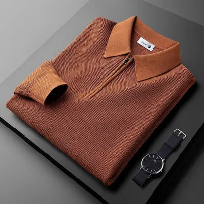 Sergio Comfort Knitted Polo in brown, half-zip men's knit polo with textured finish by Polumi.