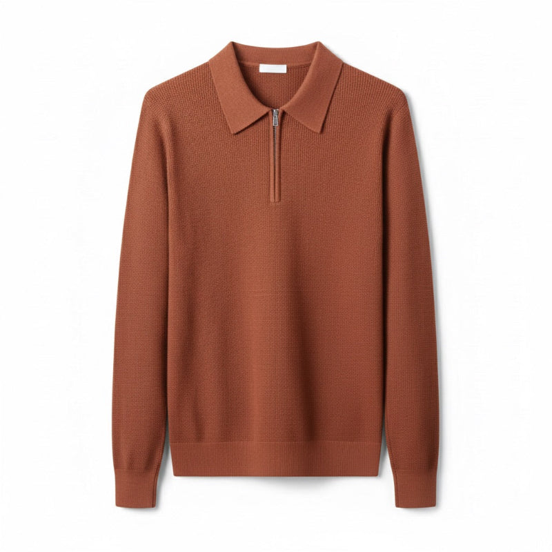Front view of Sergio Comfort Knitted Polo in brown with long sleeves and zipper collar by Polumi.