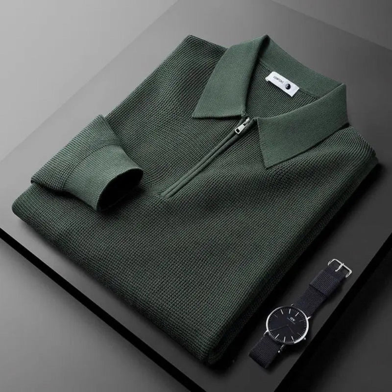 Sergio Comfort Knitted Polo in green, elegant half-zip knitted polo for men by Polumi.