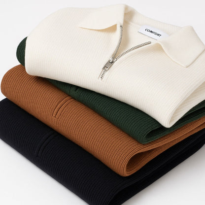 Stack of Sergio Comfort Knitted Polos in white, brown, green, and black colors, premium men's knitwear by Polumi.