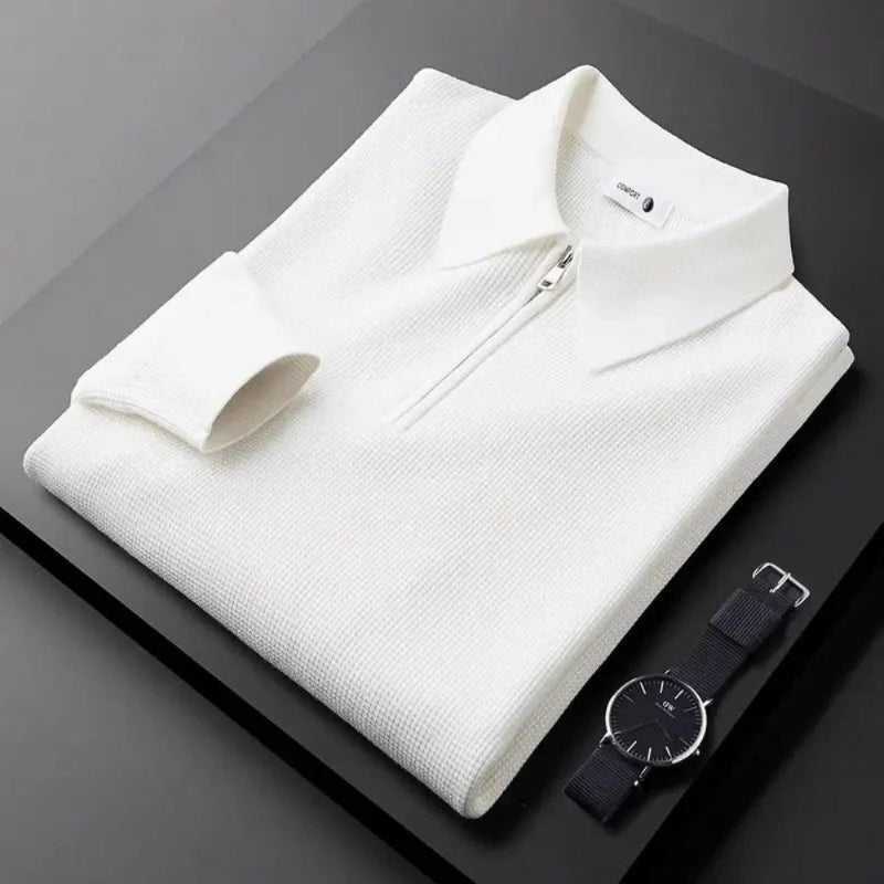 Sergio Comfort Knitted Polo in white, lightweight knitted long-sleeve polo with zipper by Polumi.