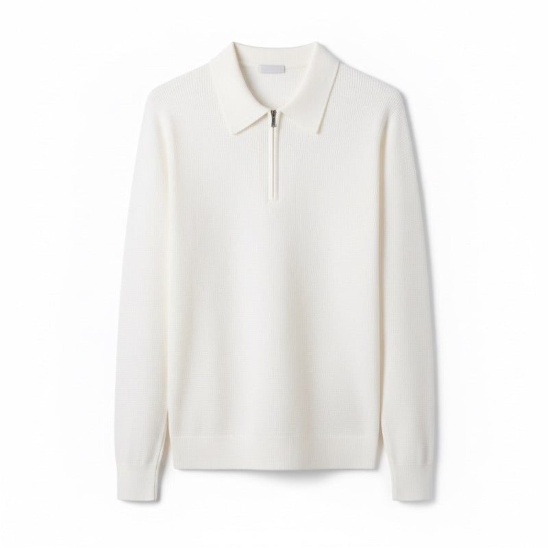 Front view of Sergio Comfort Knitted Polo in white with half zipper and structured collar by Polumi.