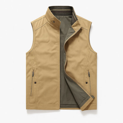 Sergio DoubleSided Adapt Vest beige side – reversible men’s vest by Polumi with stand collar and multiple zip pockets.