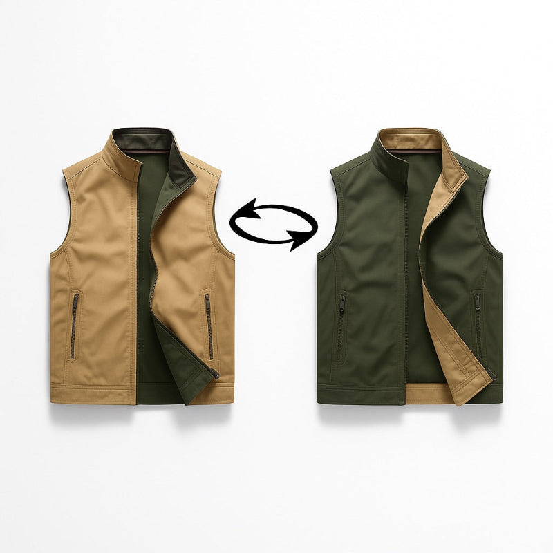 Reversible design of Sergio DoubleSided Adapt Vest – beige and green sides shown together for versatile men’s casual wear.
