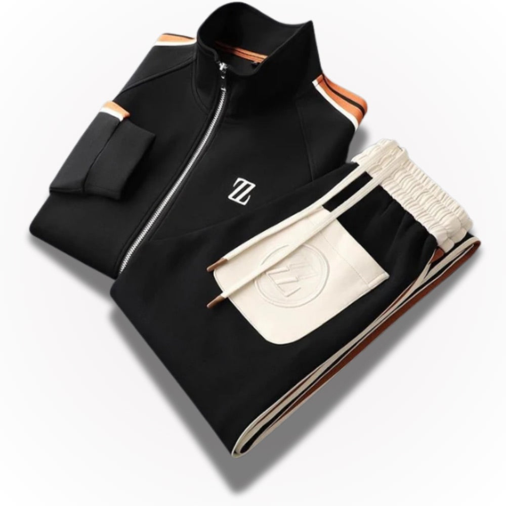 Folded Sergio Premium black men’s tracksuit set with contrast white pocket and zipper jacket by Polumi