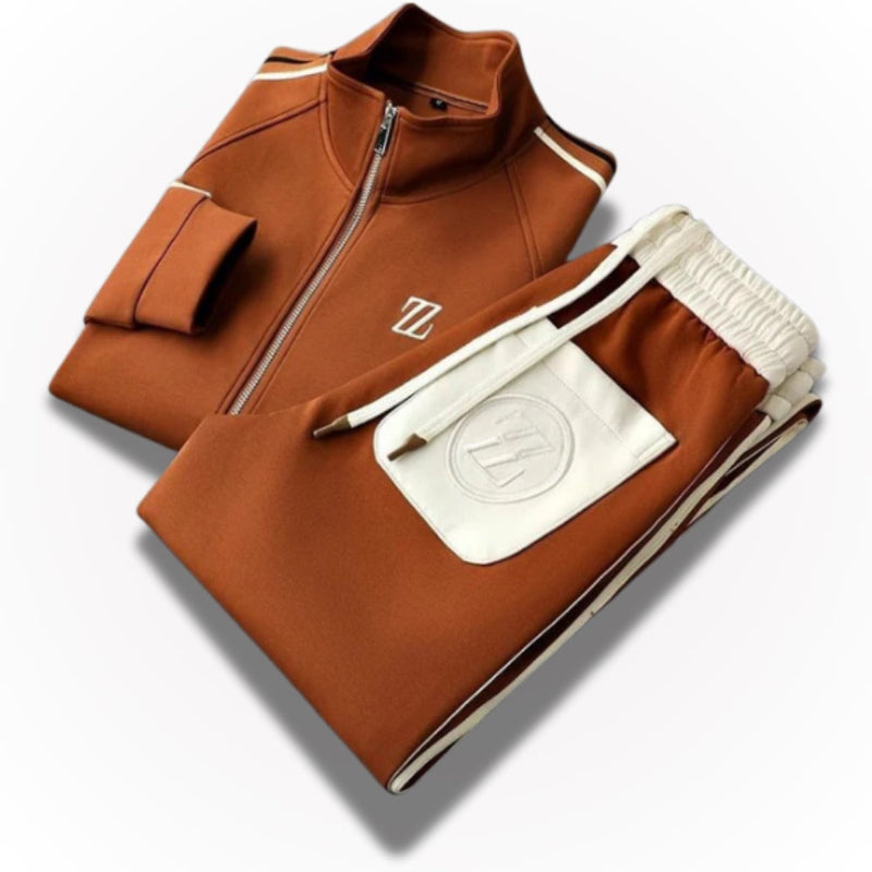 Folded view of Sergio Premium brown men’s tracksuit set with contrast pocket and zipper jacket by Polumi