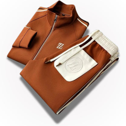 Folded view of Sergio Premium brown men’s tracksuit set with contrast pocket and zipper jacket by Polumi