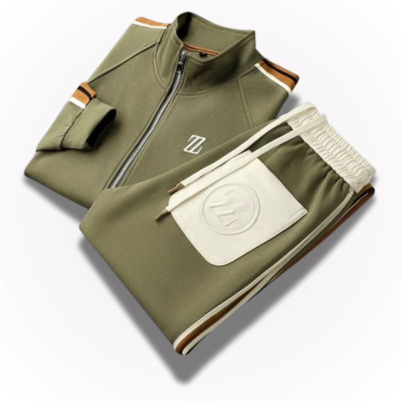 Folded Sergio Premium green men’s tracksuit set with white pocket and luxury fabric texture by Polumi