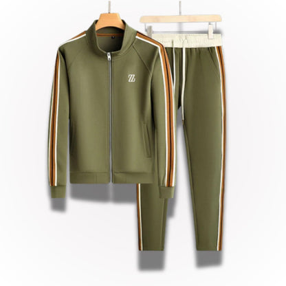 Sergio Premium green men’s tracksuit set with orange and white stripe details and high-collar jacket by Polumi