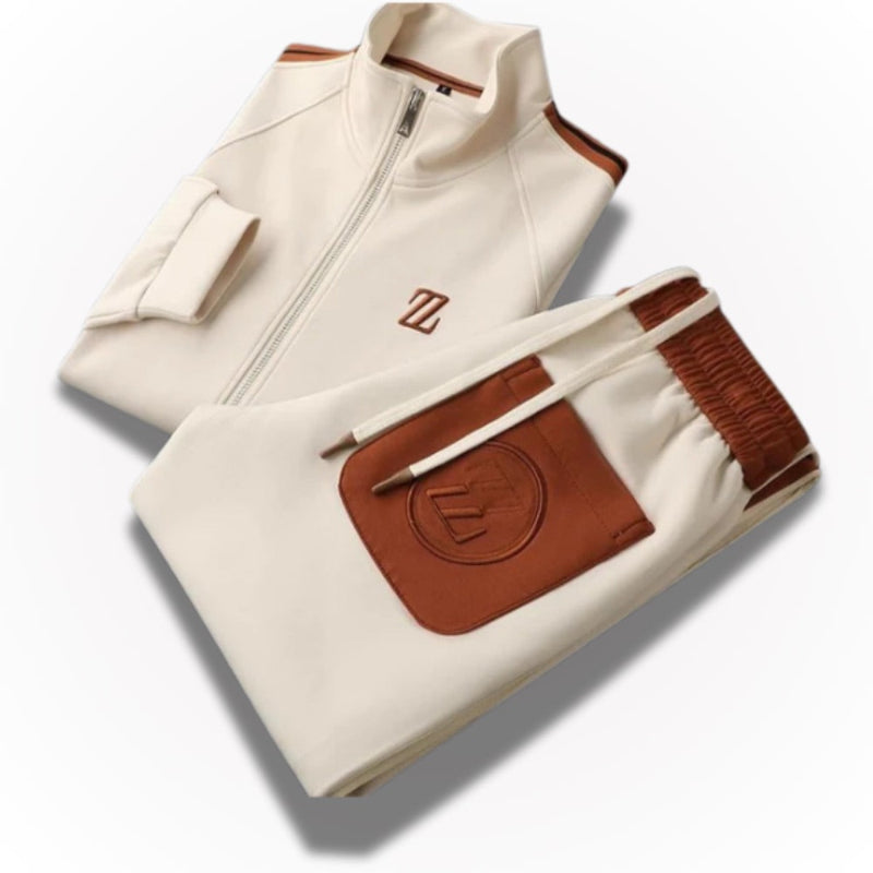 Folded view of Sergio Premium white men’s tracksuit set with brown pocket and sleek jacket design by Polumi
