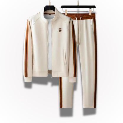 Sergio Premium white men’s tracksuit set with brown side stripes and minimalist full zip jacket design by Polumi