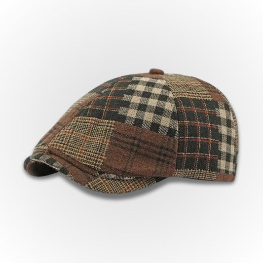 Sicilia Patchwork Tweed Cap in brown – men's vintage newsboy cap with multicolor check pattern and classic patchwork wool design by Polumi.