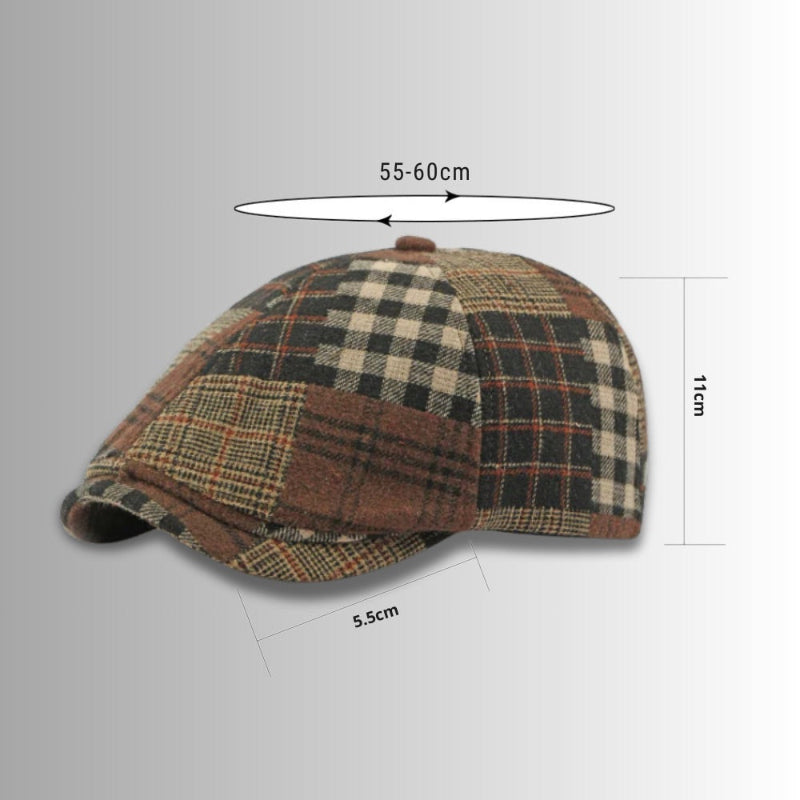 Sicilia Patchwork Tweed Cap in brown – detailed size chart showing hat dimensions 55–60cm circumference, 11cm height, and 5.5cm brim by Polumi.