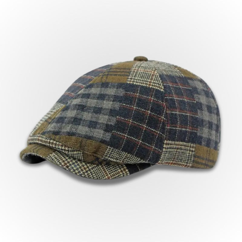 Sicilia Patchwork Tweed Cap in navy – men's wool blend patchwork flat cap with blue and olive check pattern, timeless Italian style by Polumi.