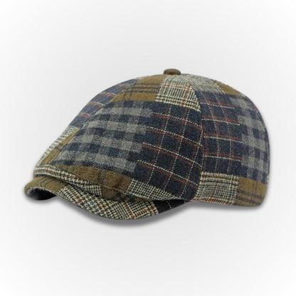 Sicilia Patchwork Tweed Cap in navy – men's wool blend patchwork flat cap with blue and olive check pattern, timeless Italian style by Polumi.