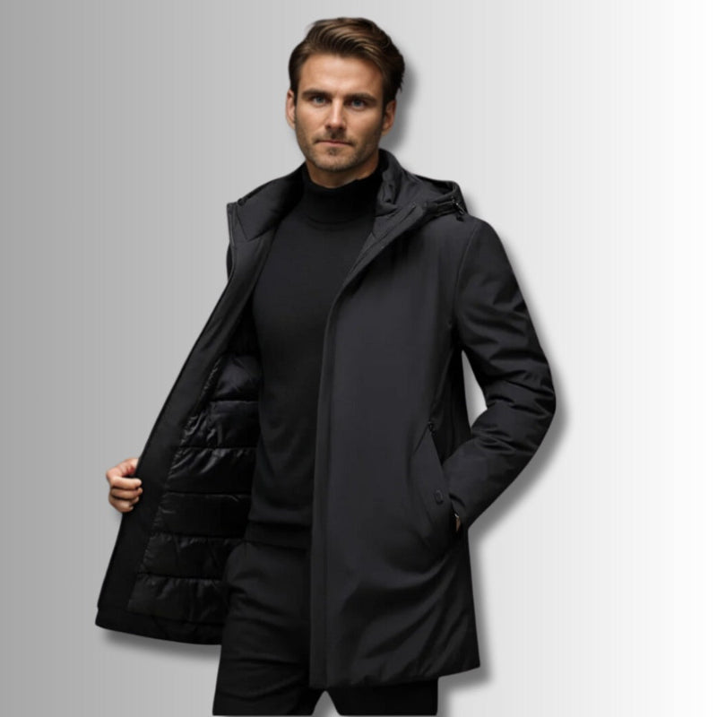 Side Luca Original Warm Parka black – men's black hooded parka with water-resistant outer shell and sleek tailored fit by Polumi.