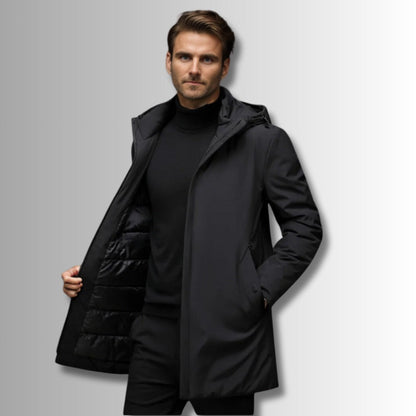 Side Luca Original Warm Parka black – men's black hooded parka with water-resistant outer shell and sleek tailored fit by Polumi.