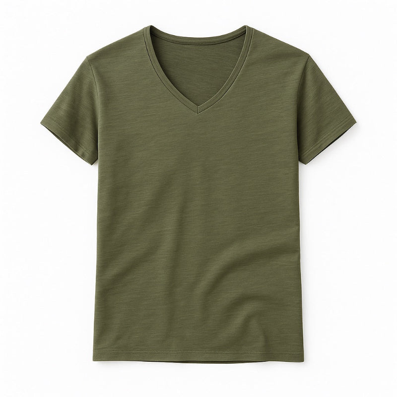 Simone V-Neck Cotton T-Shirt in Green by Polumi – soft cotton V-neck shirt inspired by natural tones