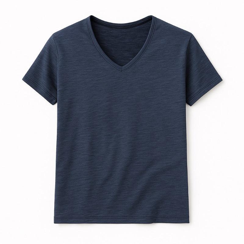 Simone V-Neck Cotton T-Shirt in Navy by Polumi – classic navy men’s V-neck T-shirt in premium cotton