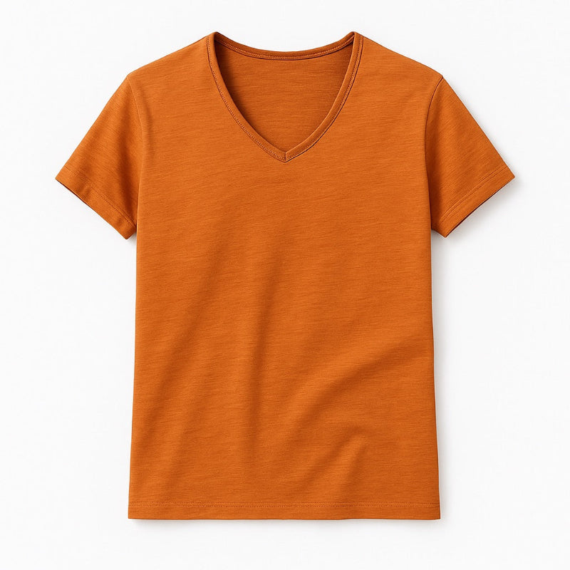 Simone V-Neck Cotton T-Shirt in Orange by Polumi – vibrant summer cotton tee with flattering V-neck fit