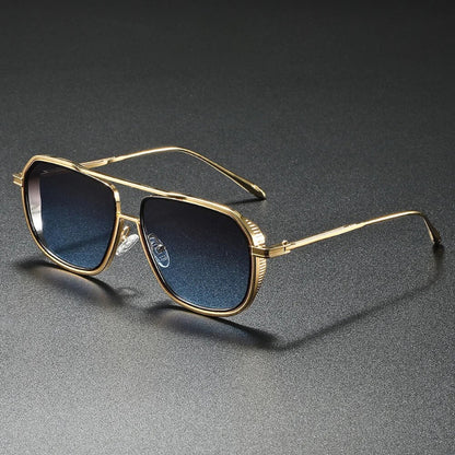 Golden aviator sunglasses with blue gradient lenses, luxury unisex fashion eyewear.
