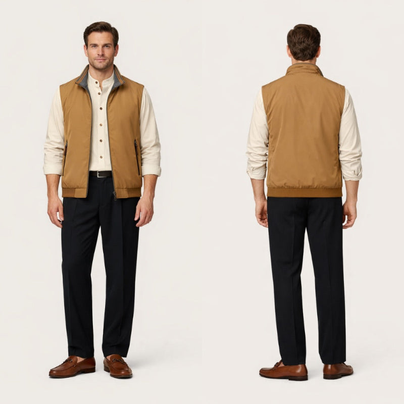 Man wearing a tan vest over a white shirt with black pants on a white background