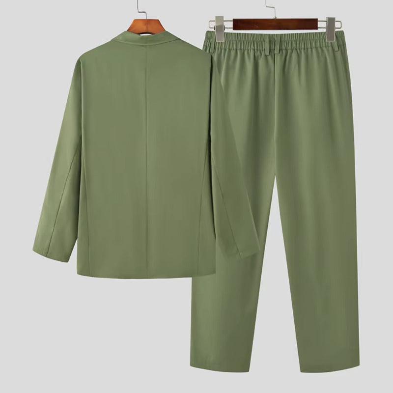 Back view of Torino Men’s Soft Suit in army green, modern loose fit and soft texture.