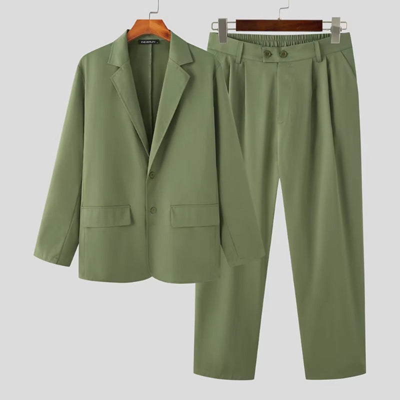 Torino Men’s Soft Suit in army green, front view showing jacket and trousers set for men.
