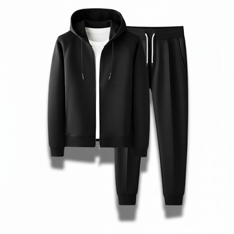 Tullio Premium Casual Tracksuit Set black – refined black men's hoodie and jogger pants set for effortless casual style by Polumi.